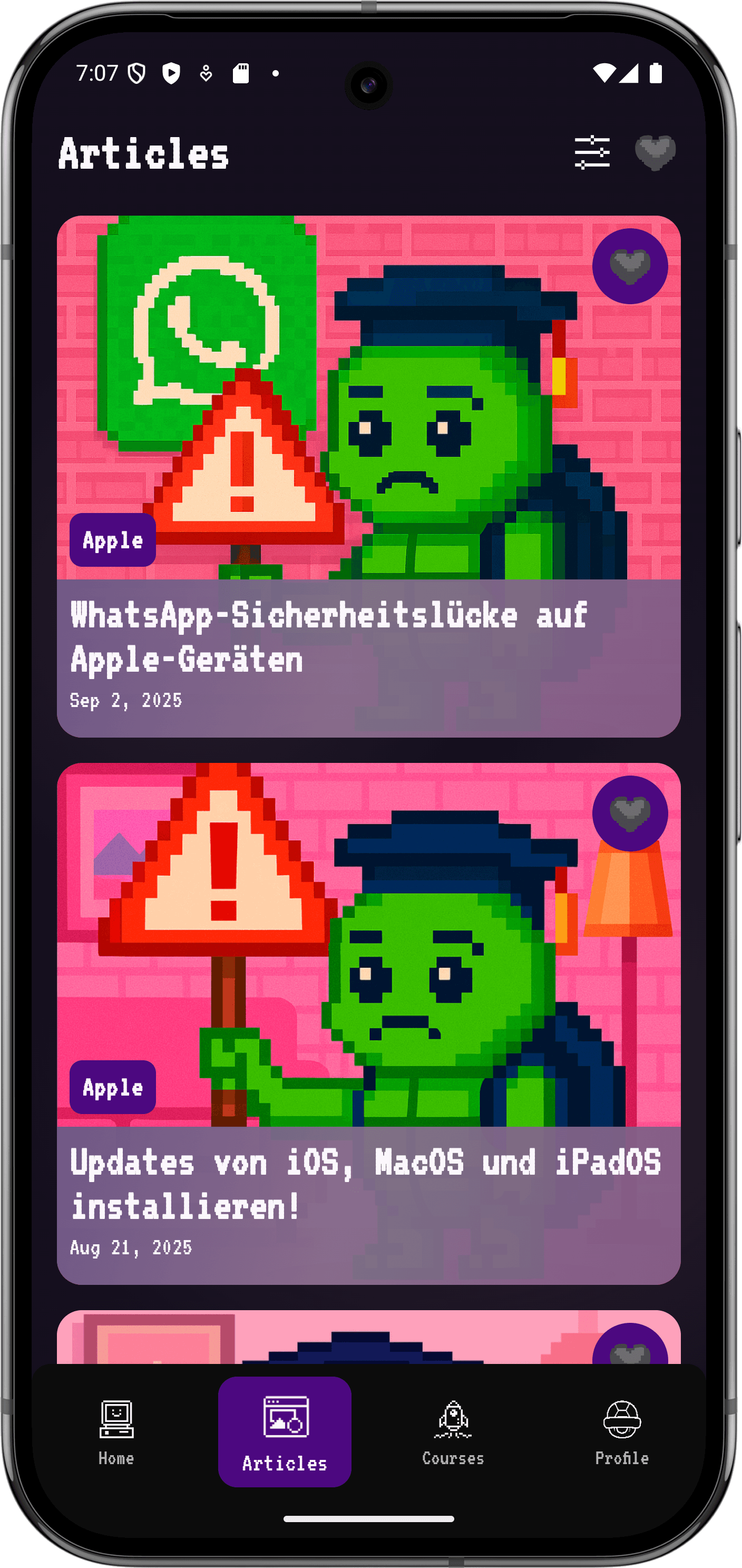 Article view of the SnappinQuiz app in dark mode